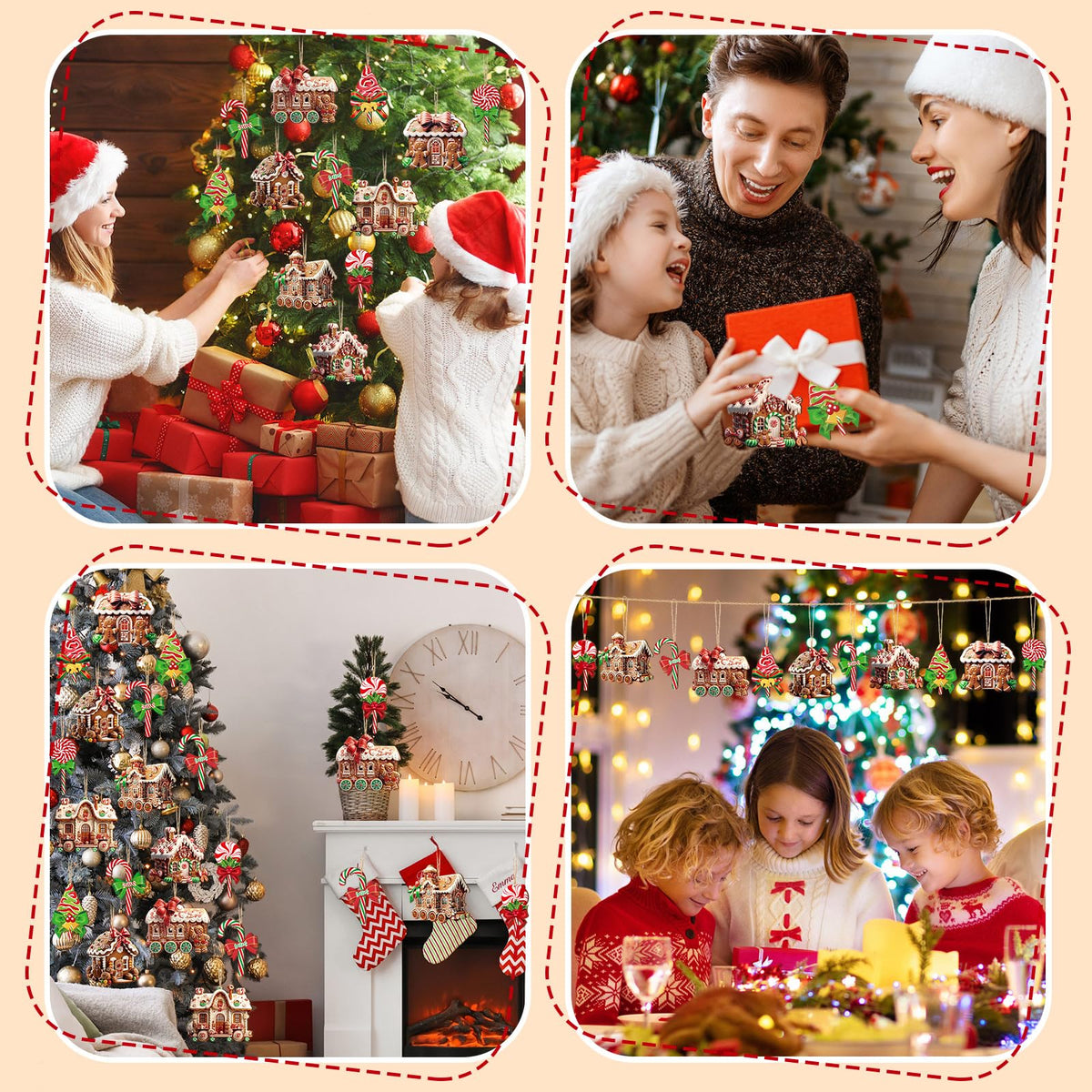 Roowest 36 Pcs Christmas Gingerbread House Ornament Set Wood Christmas Tree Ornaments Lollipop Flat Train Donut Cake Hanging Decorations Peppermint Ornaments for Xmas Tree Party Supplies