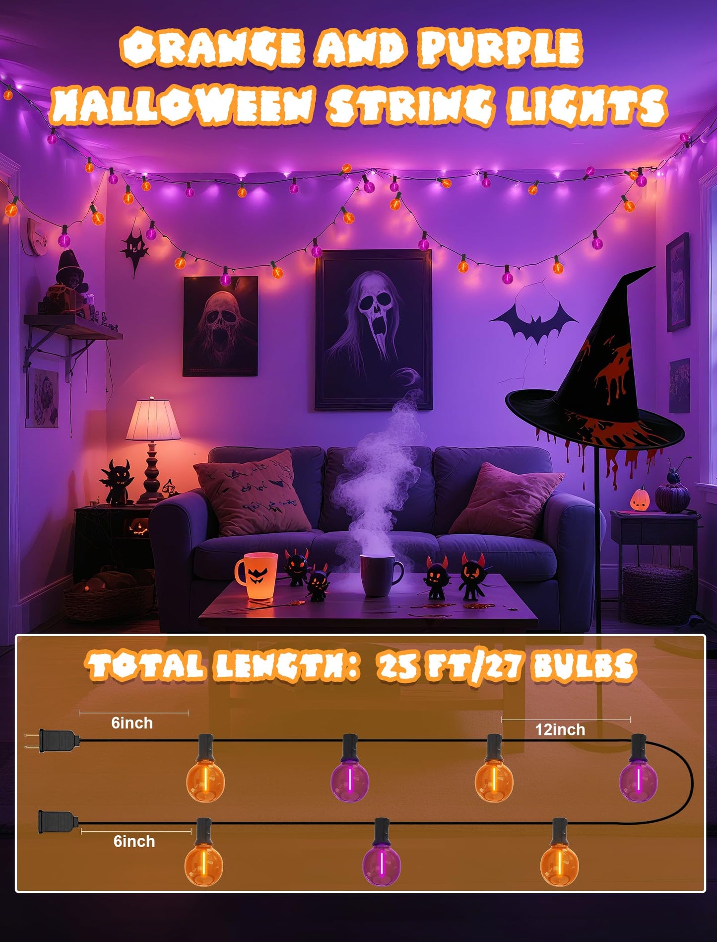 Pallerina Purple and Orange Halloween Lights,25FT 27 LED G40 Globe String Lights,Waterproof Halloween Decorations for Outdoor Indoor Haunted Patio Home Party Garden Yard Decor