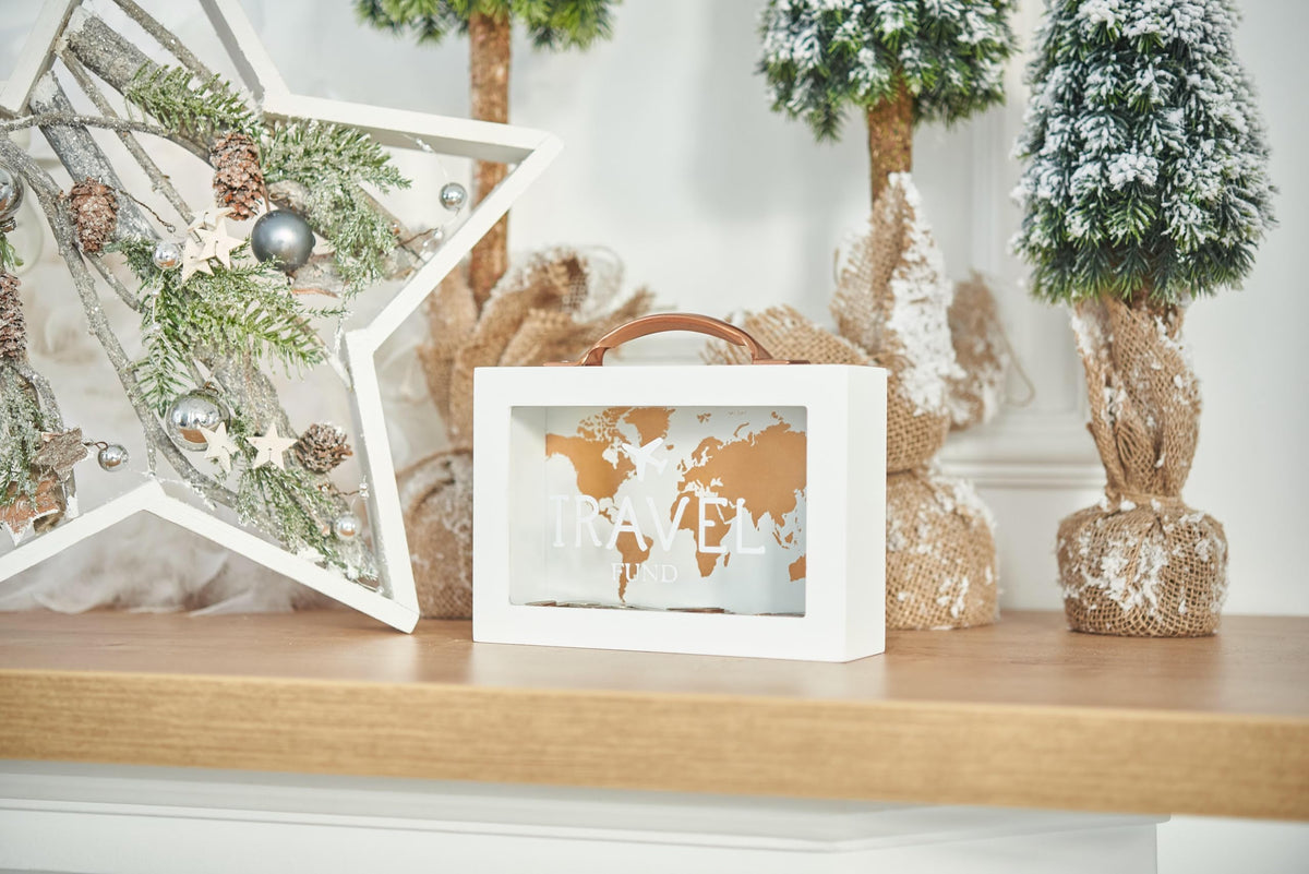 Shadow Money Box for Travel Savings - Coin Bank for Adults - Vacation Jar - White Saving Box With Handle - Honeymoon Fund - Adventure Fund