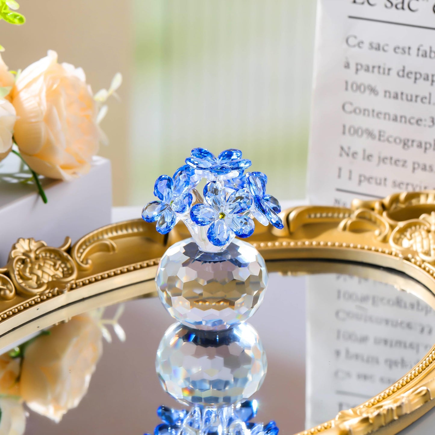 Qianwei Blue Crystal Flowers Figurine - Forget Me Not Gifts Sympathy Glass Flowers Collectible Figurines Decor Paperweight Ornament Home Office Table Desk Decorations