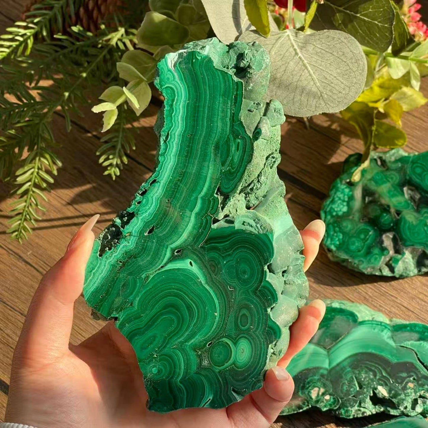 CrystalHola Natural Malachite Slab 1.1-1.32lb (500-600g), Premium Polished Malachite Slice Healing Crystal Stone, Green Mineral Specimen for Home Decor, Reiki, Meditation, Crystal Collection