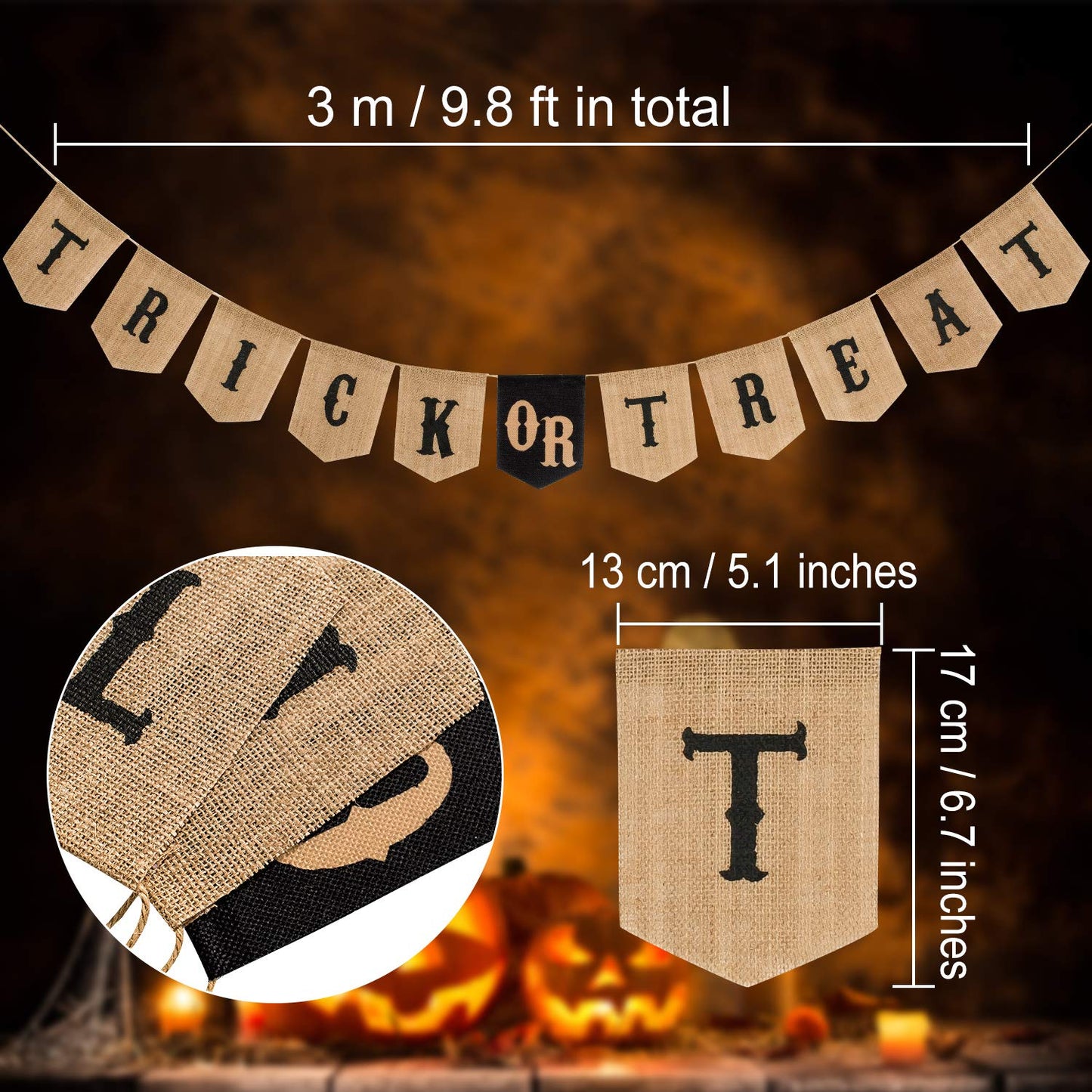 Whaline Halloween Trick or Treat Burlap Banner, Hanging Banner Home Decor Bunting Flag Fireplace Garland, Black, Orange