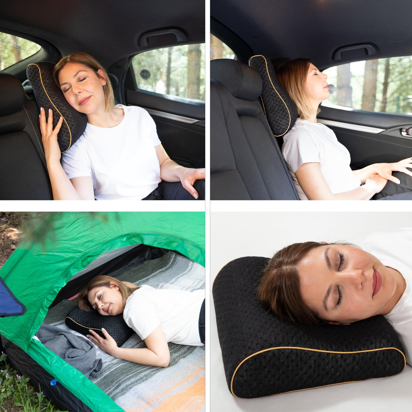 alkamto Travel Pillow - Ergonomic Neck Support Camping Memory Foam Pillow with Temperature-Regulating Pillowcase - Included Waterproof Travel Carry Bag (Black Contour)