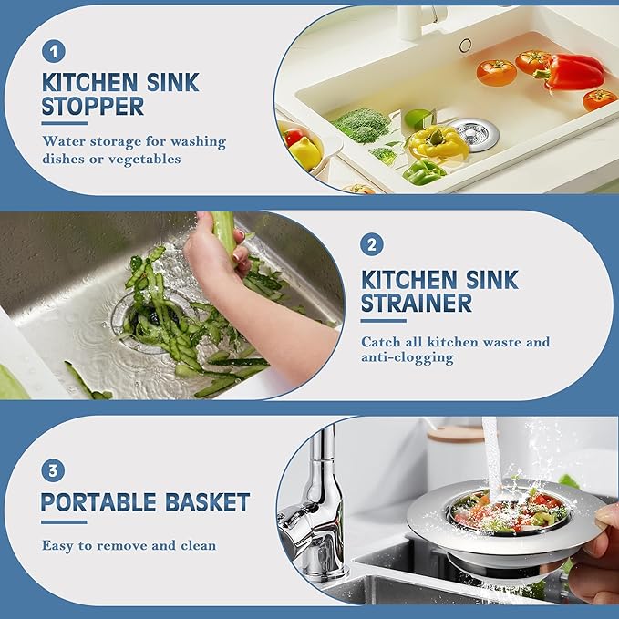 Kitchen Sink Drain Strainer 2 Pack, 304 Stainless Steel Pop Up Sink Stopper