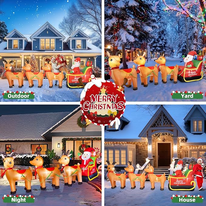 12FT Long Christmas Inflatables Outdoor Decorations, Inflatables Santa Claus on Reindeer Sleigh Built-in LED Lights, Christmas Blow Up Yard Decorations for Holiday Outdoor Garden Lawn Decor