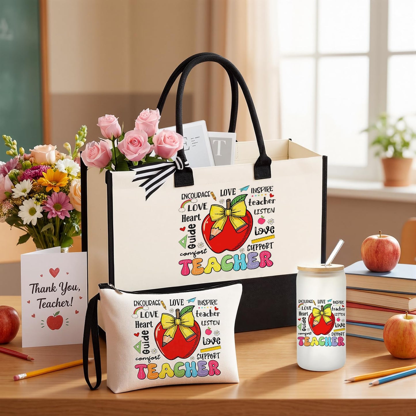 Sanwuta 6 Sets Teacher Appreciation Gifts for Women Thank You End of Year Teacher Gifts Set Include Tote Bag, Makeup Bag & 16oz Glass Cup for Employee Women Graduation Birthday School Office Supplies