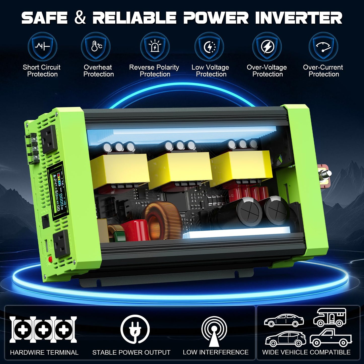 Vansdon 2000W Pure Sine Wave Inverter 12V DC to 120V AC Inverters for RV,Truck, Solar, Home, Off-Grid, Car Power Inverter with LCD Display, 3 AC Outlet, 30W USB-C, USB, Remote Control, Surge 4000W