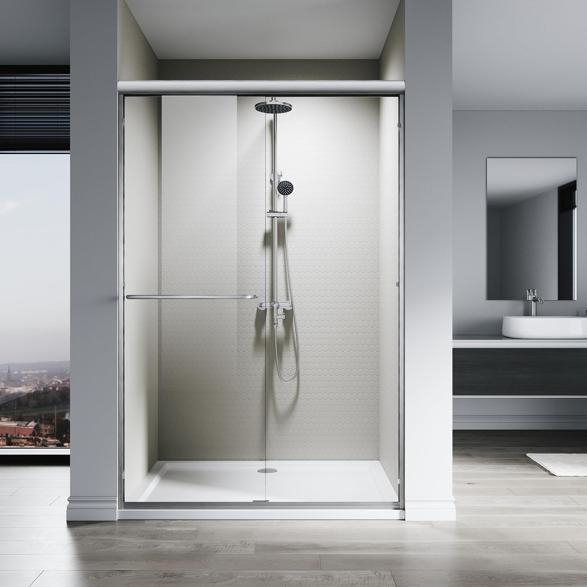 SL4U Double Sliding Shower Door 48 in. W x 76 in. H, Semi-Frameless Bypass Bathroom Sliding Door with 1/4'' (6mm) Clear Tempered Glass, Brushed Nickel