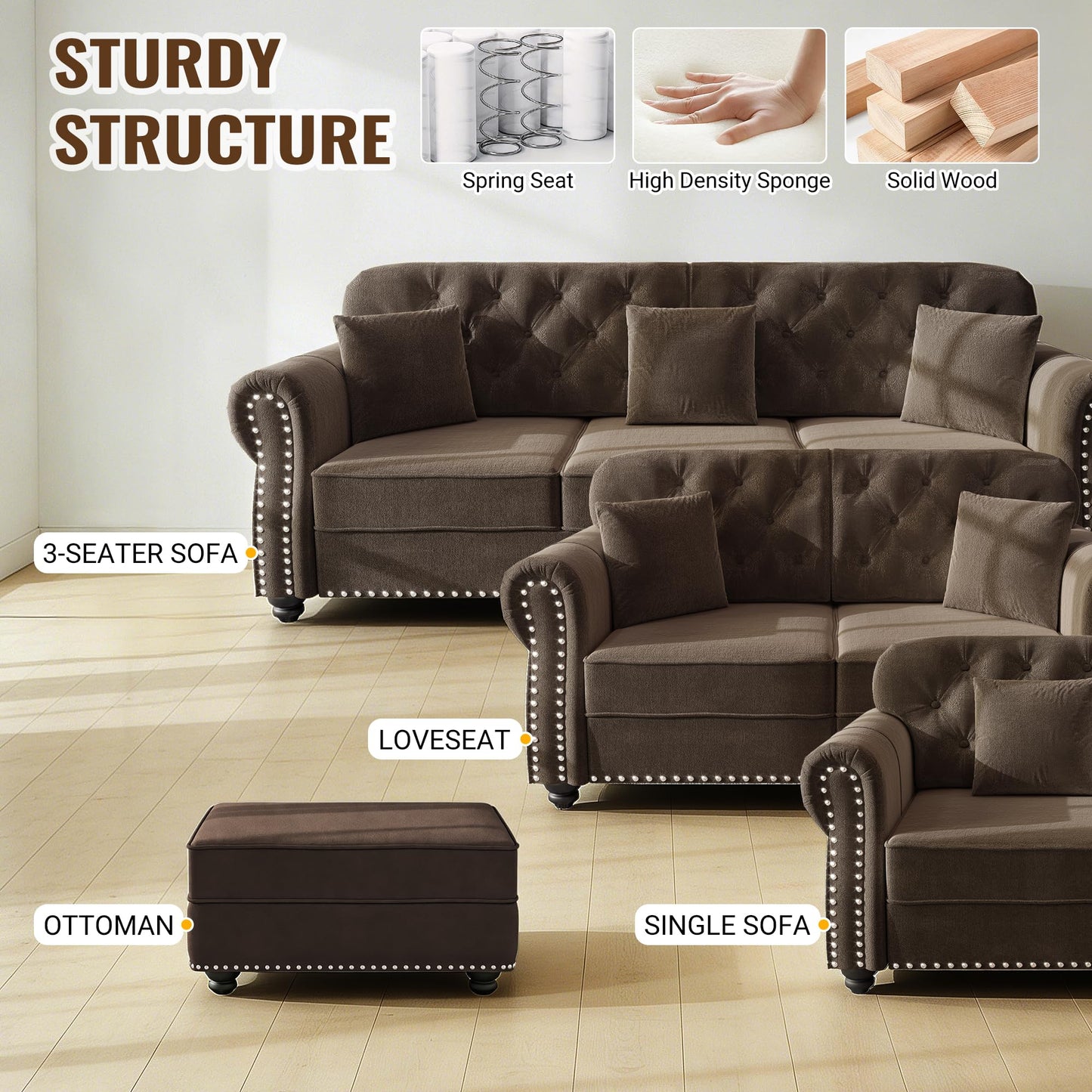 KEIKI 2-Piece Chesterfield Sofa Set with 1 Velvet 3-Seater Sofa & 1 Loveseat Sofa, Upholstered 5-Seater Couch Set with Nailhead Trim & Rolled Arms & 1 Ottoman & 5 Pillow, for Living Room, Brown
