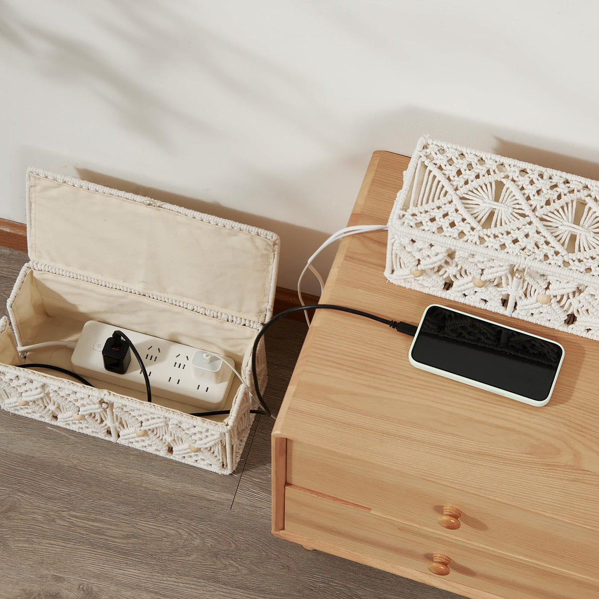 VinneGenzz Cable Management Box Handmade Macrame Cord Storage Organizer Power Strips Outlet Router Adapter TV Wire Hider Cover Under Desk Natural Cotton Rope Woven Boxes with Lid (Off White, Large)