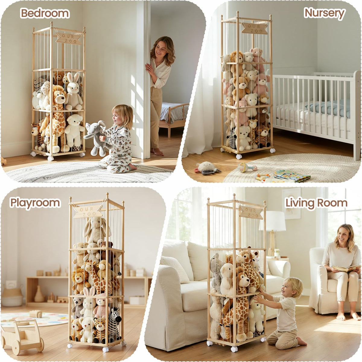 Ostutry Stuffed Animal Storage with Wheels - Wood Stuffed Animals Organizer Holder Zoo Large Capacity Plush Toy Cage with Elastic Band for Playroom, Bedroom, Nursery