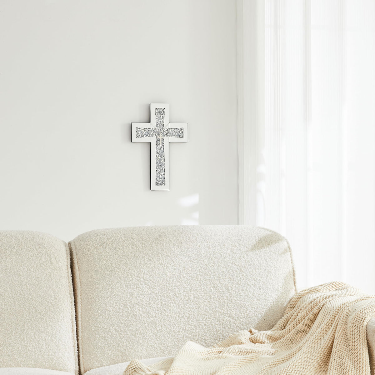 Aeveco Cross Wall Decor, Silver Mirrored Cross for Living Room, Crystal Crush Diamond Mirror Crosses, Religious Wall Art, Home Decor