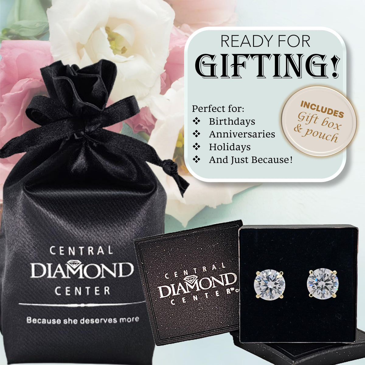 Central Diamond Center Women’s 14k Gold post & Sterling Silver – Yellow, 4 Prong CZ Stud Earrings (10.0mm - 8.00cttw)