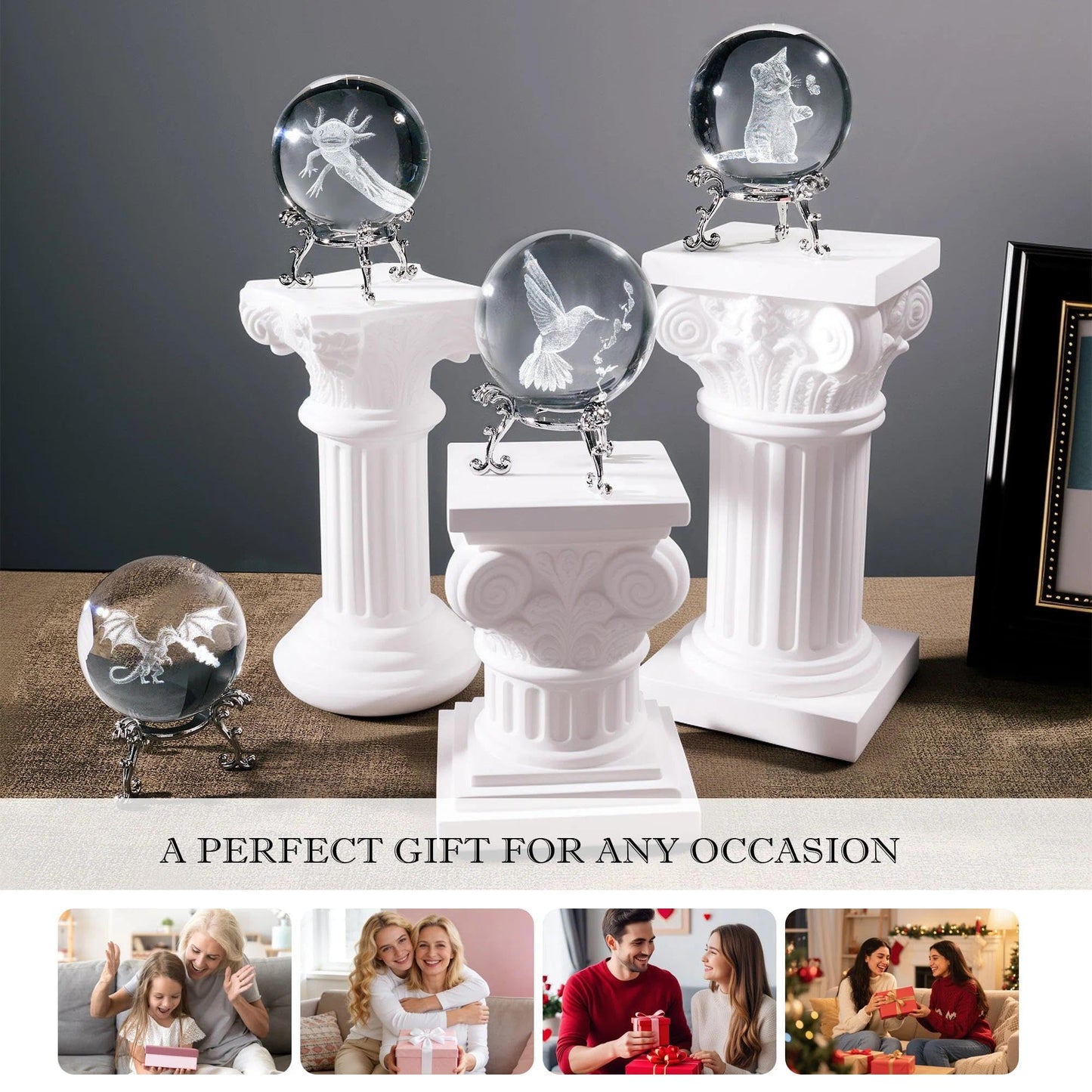 HDCRYSTALGIFTS 3D Laser Engraved Bird Crystal Ball with Stand Paperweight Gift for Women Mom 60mm Crystal Bird Figurine Glass Animal Decorative Ball for Home Room Office Decoration