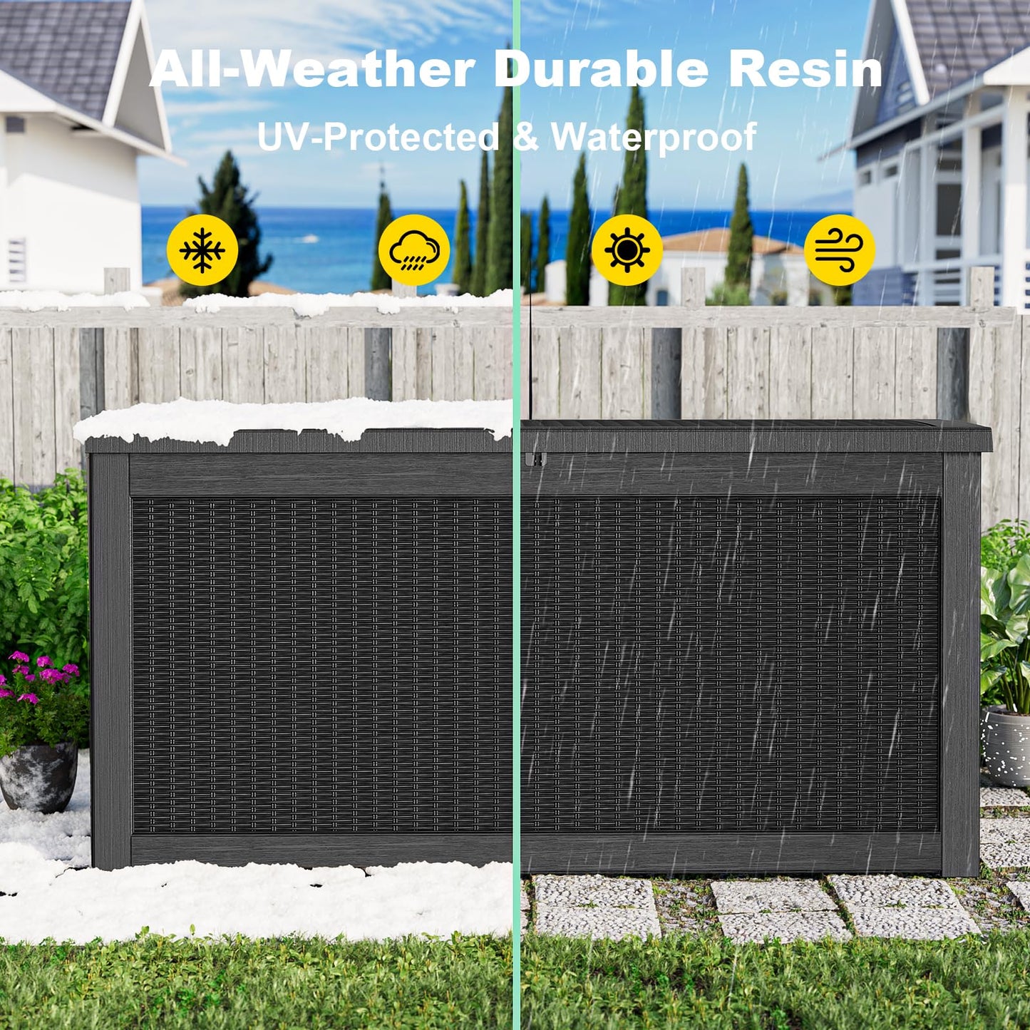 KFY 320 Gallon Waterproof Outdoor Storage Box, UV Resistant Resin Deck Box with Hydraulic Rod for Reinforced Stability, Perfect for Patio, Garden, and Pool(Black,320 Gallon)