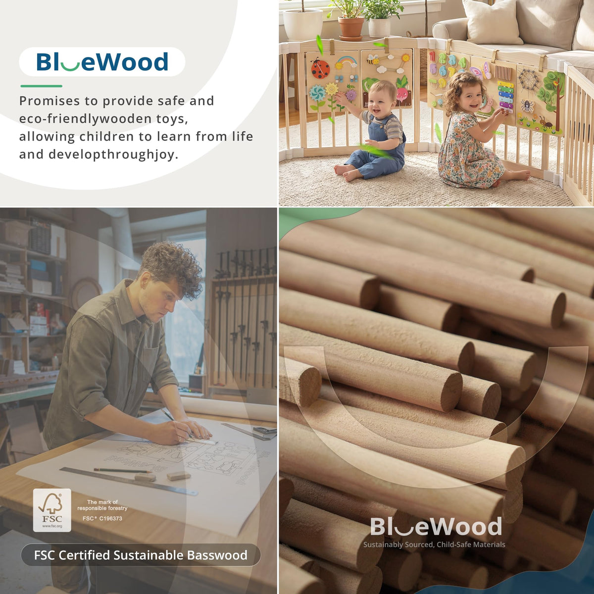 BlueWood Wooden Busy Board for Toddlers 18+ Months, 14-in-1 Montessori Philosophy Educational Toy, Activity Center Made from Basswood, No Drilling, Easy to Carry & Store - Square