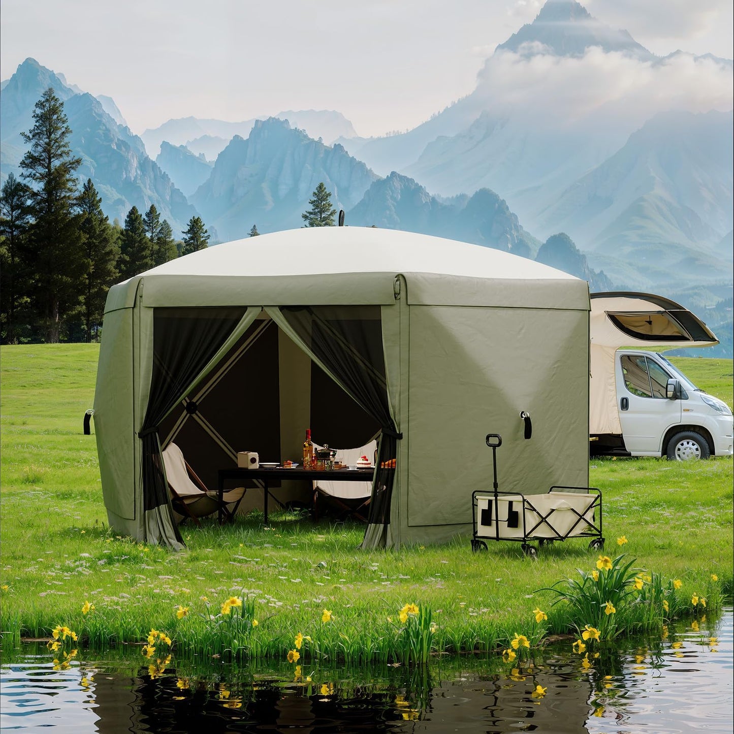 MilleLoom 11.5x11.5FT 6-Sided Gazebo Tent, One-Push Setup Canopy with Mesh Panels & Removable Wind Cloths, Outdoor Shelter for Backyard Parties Camping Events, Army Green