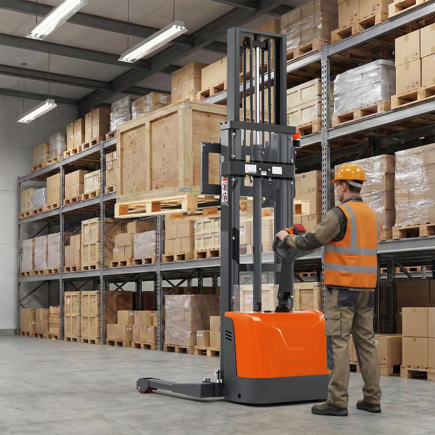 Tory Carrier Full Electric Pallet Stacker, Powered Forklift 3300 lbs Capacity, 130 inch Max. Lifting Height, Straddle Legs & Forks Material Lifts, Gel Battery Pallet Lift for Narrow Spaces