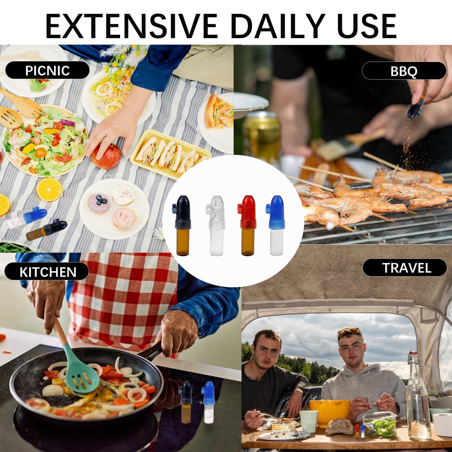 ZJIVQO 4 Pack Portable Dispenser, Spice Storage Bottles, Salt and Pepper Shakers, Refillable Glass Bottle With Knob Switch for Kitchen, Traveling