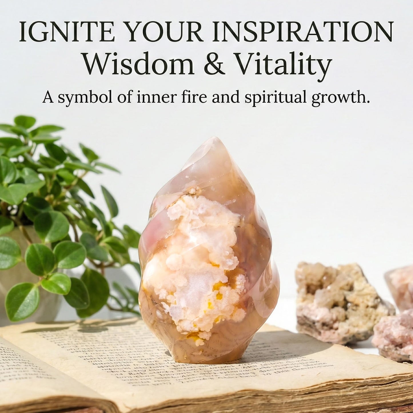 Flower Agate Flame Sculpture Small Size- Natural Crystal Flame Decor, Hand-Polished Freestanding Healing Stone, Unique Spiritual Desk Ornament & Gift