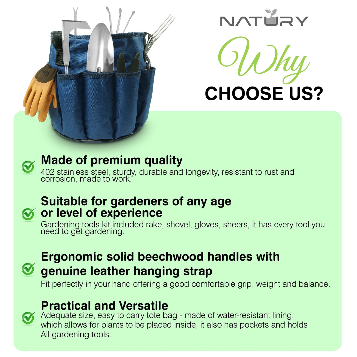 Natury Garden Tools Set β Premium Stainless Steel Gardening Hand Tools with Solid Beechwood Handle β Gardening Kit with Rake, Shovel, Gloves, Shears, Tool Organizer β Garden Gifts for Women and Men