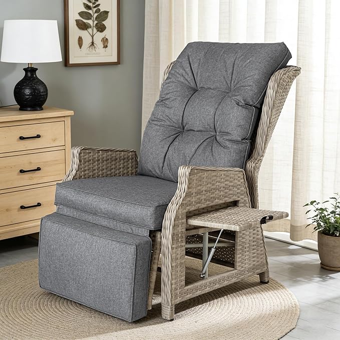 Outdoor Recliner with Adjustable Back and Footrest, Patio 150° Lay Flat Recliner with Flip Table Wicker Reclining Lounge Chair, Grey with Beige Wicker 2PCS
