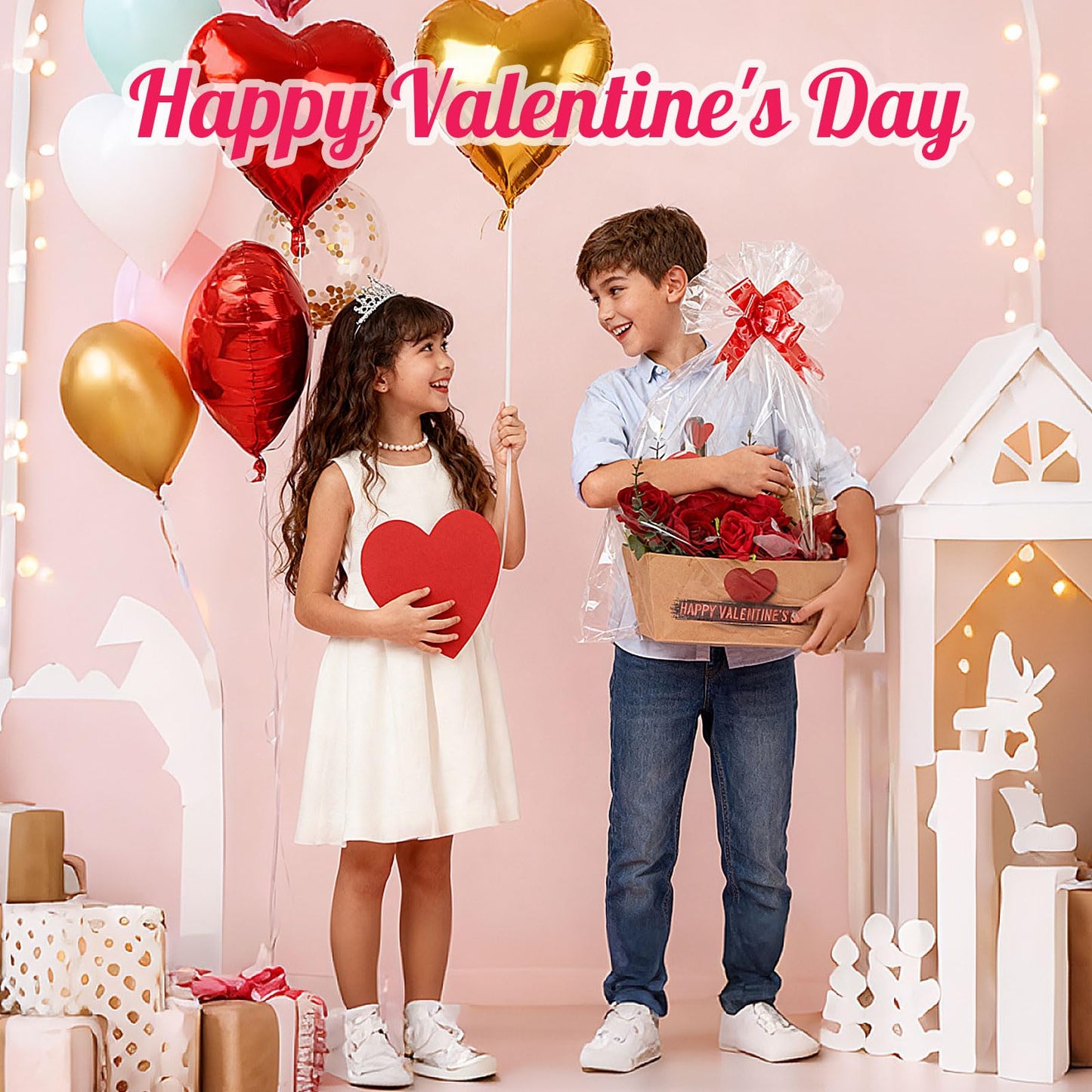 Kolldenn 24 Set Valentine's Day Empty Gift Basket to Fill Kraft Red Heart Bouquet Box with Handles Pull Bows Cellophane Bags and Card for Valentine Party Favor Supplies, 9.8 x 6.5 Inch