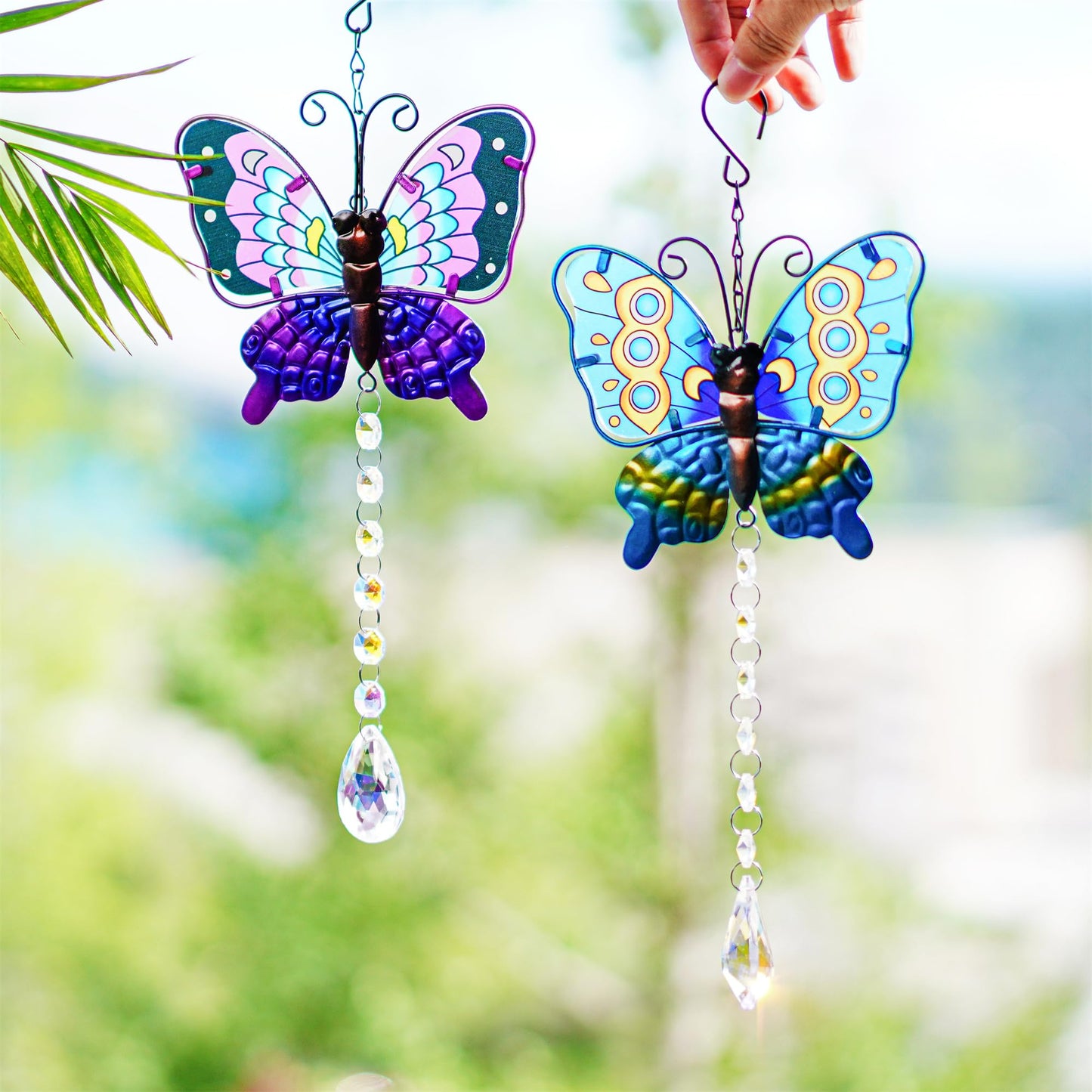 Set 2 Metal Butterfly Suncatchers for Windows - 14" Outdoor Fence Wall Art Decor, Rainbow Prisms Sun Catchers with Crystals Hanging for Home Garden Ornament for Christmas Tree