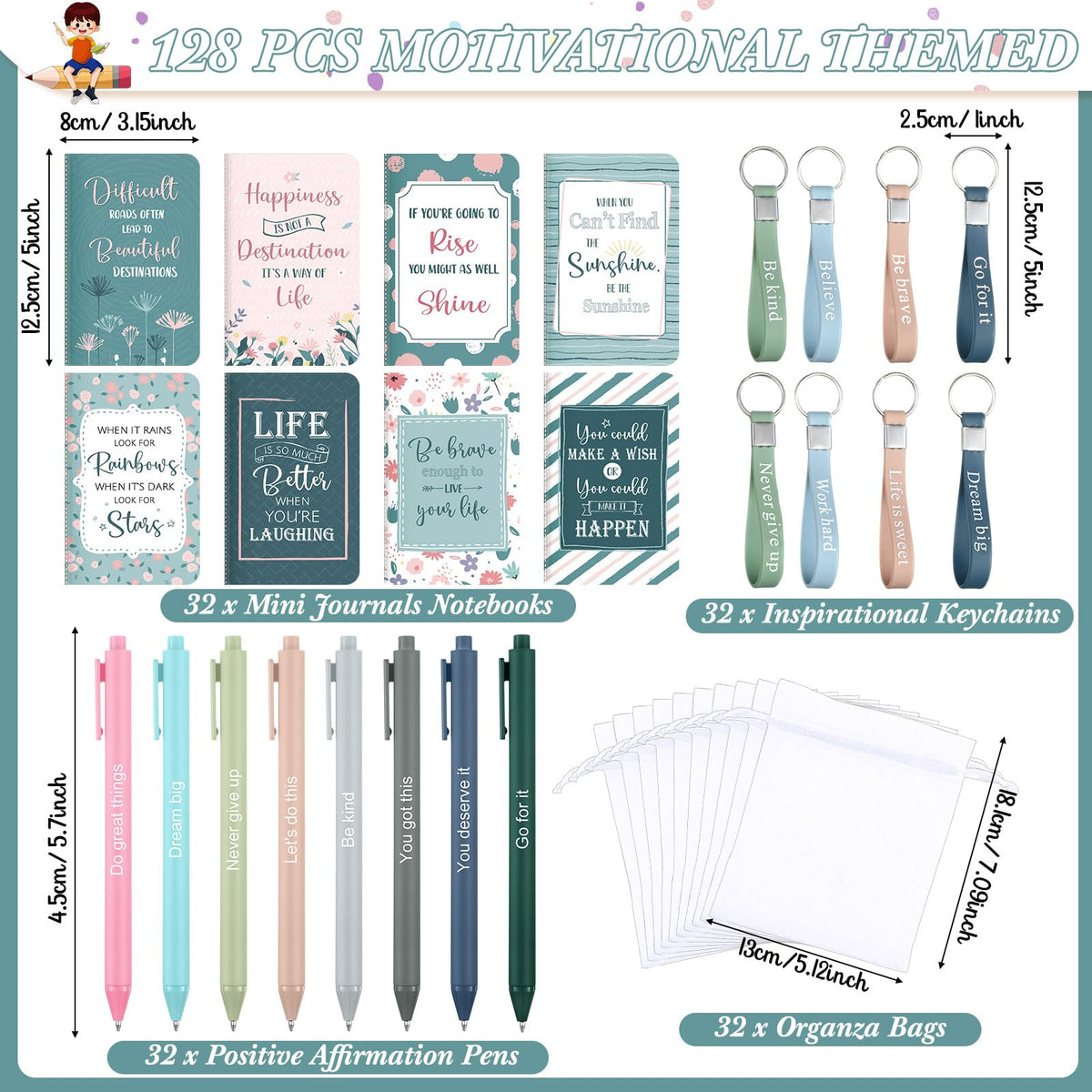 Pajean 128 Pcs Inspirational Gifts Bulk Motivational Notebooks Journal Ballpoint Pens Positive Keychains Organza Bags for Students Teachers Employee School Office Prizes Favors Supplies(Simple)