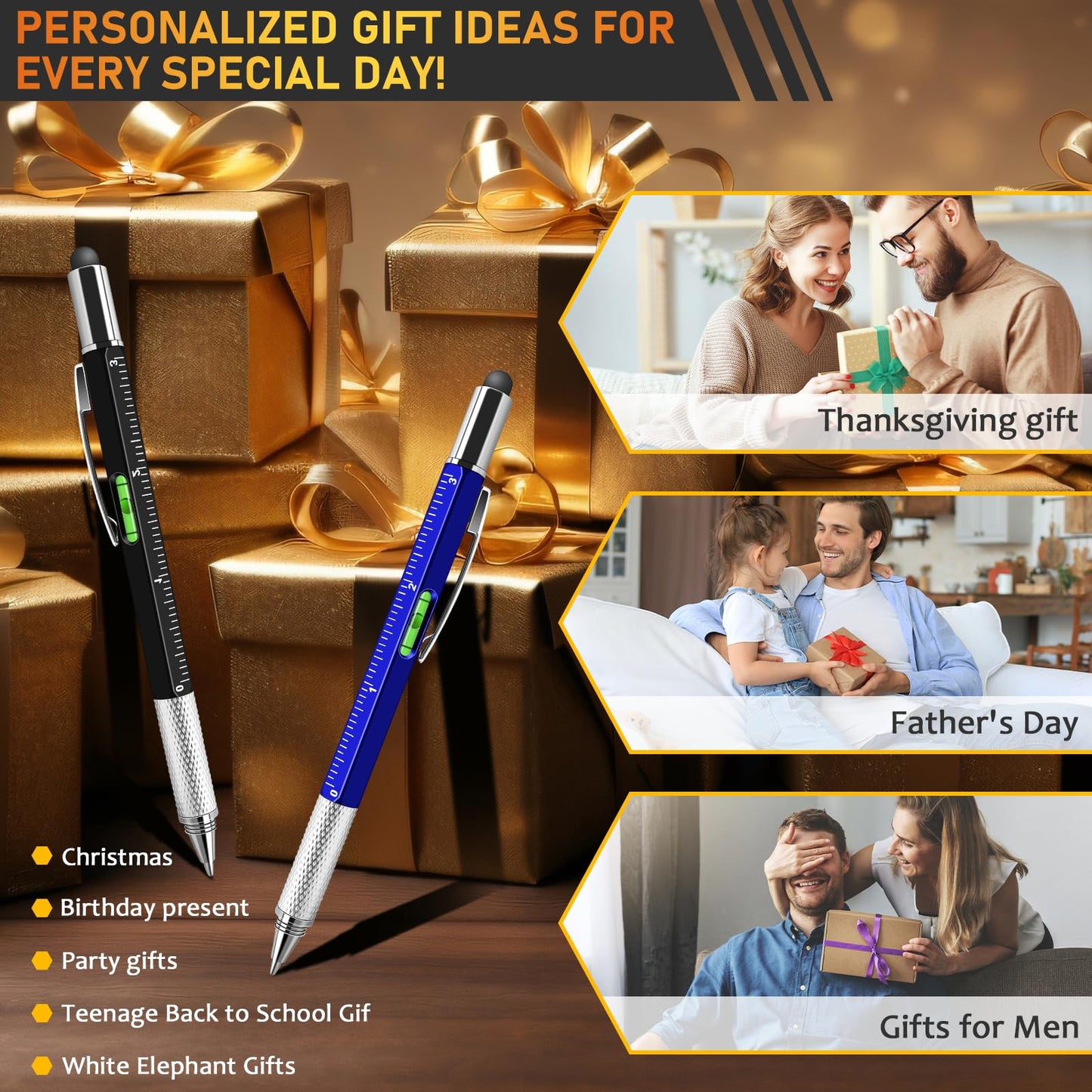NICEMOVIC Fathers Day Dad Bulk Gifts for Men Multitool Tool Pen Gift 36 Pcs 6-in-1 Party Favor Father's Christmas White Elephant Gifts for Adults Level Gauge Ballpoint Pen Stylus Pen Screwdriver