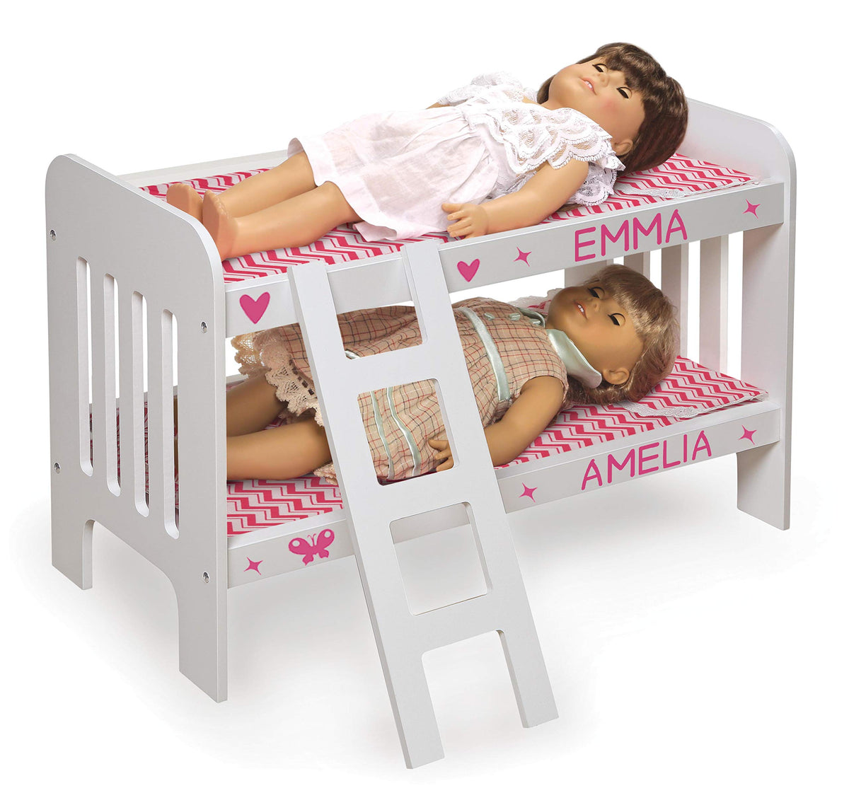 Badger Basket Chevron Doll Bunk Bed with Bedding, Ladder, and Padded Mats – Ideal for Dolls Up to 20 Inches in White and Pink