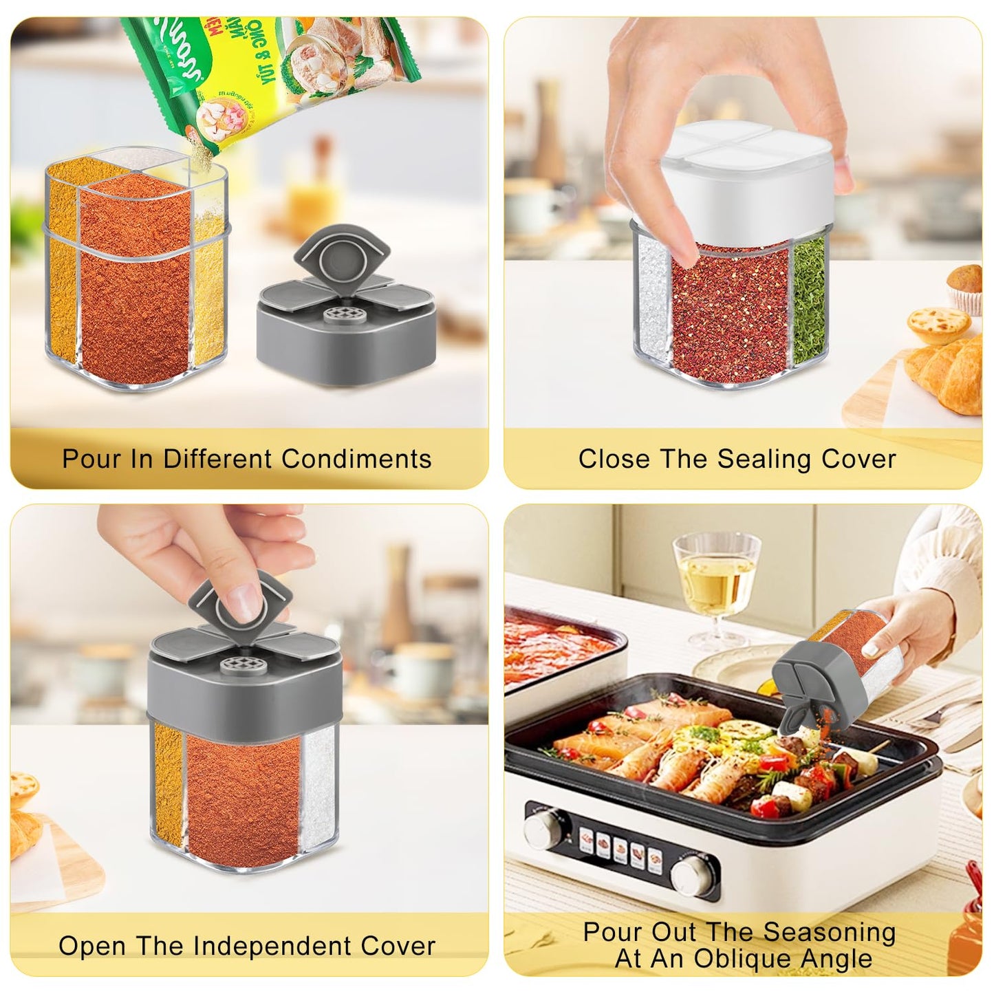 6 Pcs Plastic Salt Pepper Shaker 4 in 1 Spice Container Transparent Seasoning Shaker Dispenser Jar for Home Restaurant Kitchen Cooking Steak BBQ Camping Travel
