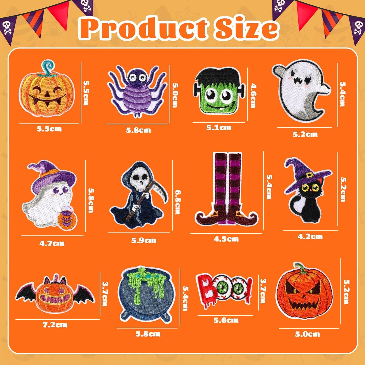 AUGSUN 60pcs Halloween Iron on Patches Random Assorted Halloween Embroidered Sew Applique Repair Patch Cute Skull Pumpkin Ghost Black Cat Witch Bats Patches for Clothing Jacket Dress Backpack Hat