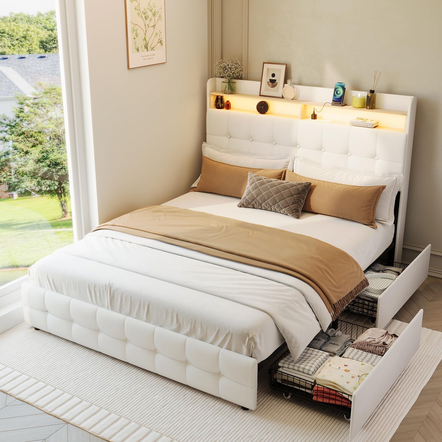 Queen Size Upholstered Bed Frame with LED Headboard, 2 Storage Drawers, Charging Socket and USB Port, Soft Fuzzy Soft, Noise-Free Metal Platform for Bedroom, No Box Spring Needed, Natural Wood Shelf