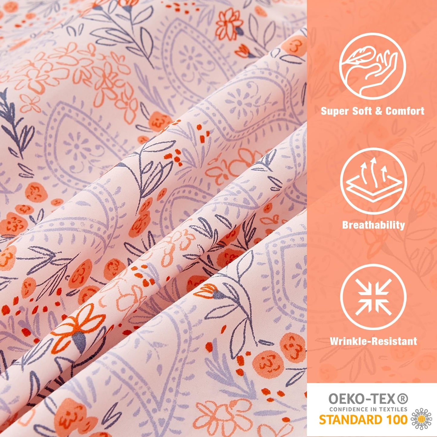 JSD Pink Paisley Floral Sheet Set Full Size, 4 Piece Soft Printed Microfiber Sheets Extra Deep Pocket