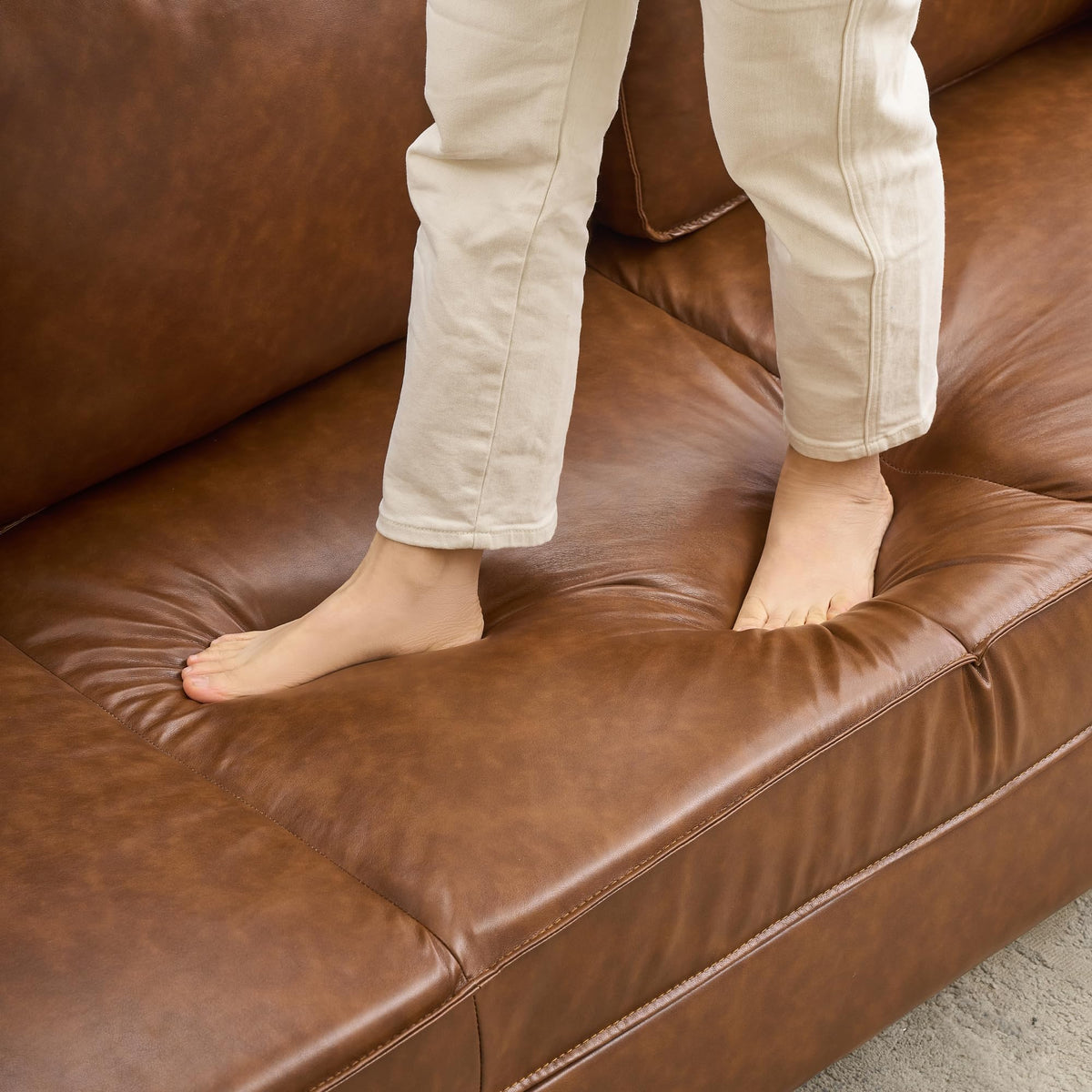 PeacefulHues 81" Leather Sofa, Mid-Century Modern Deep Seat Couch, PU Leather Couch, 3-Seat Sofa for Living Room, Office, Brown