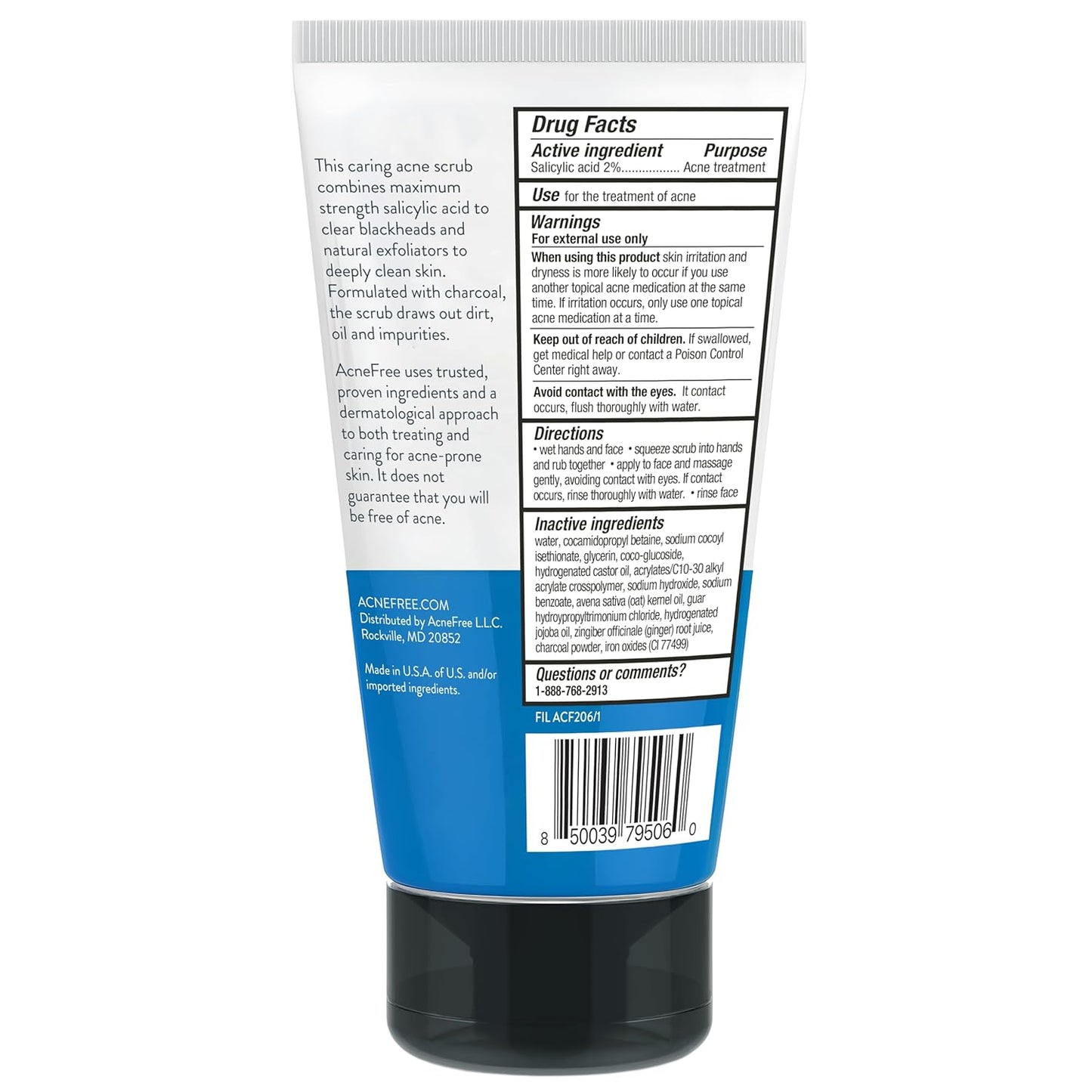 Acne Free Salicylic Acid Exfoliating Face Scrub, 2% BHA Blackhead Remover & Acne Treatment, Deep Cleanse with Charcoal & Jojoba Beads, Gentle Exfoliation with Ginger & Oats, 5 Ounce