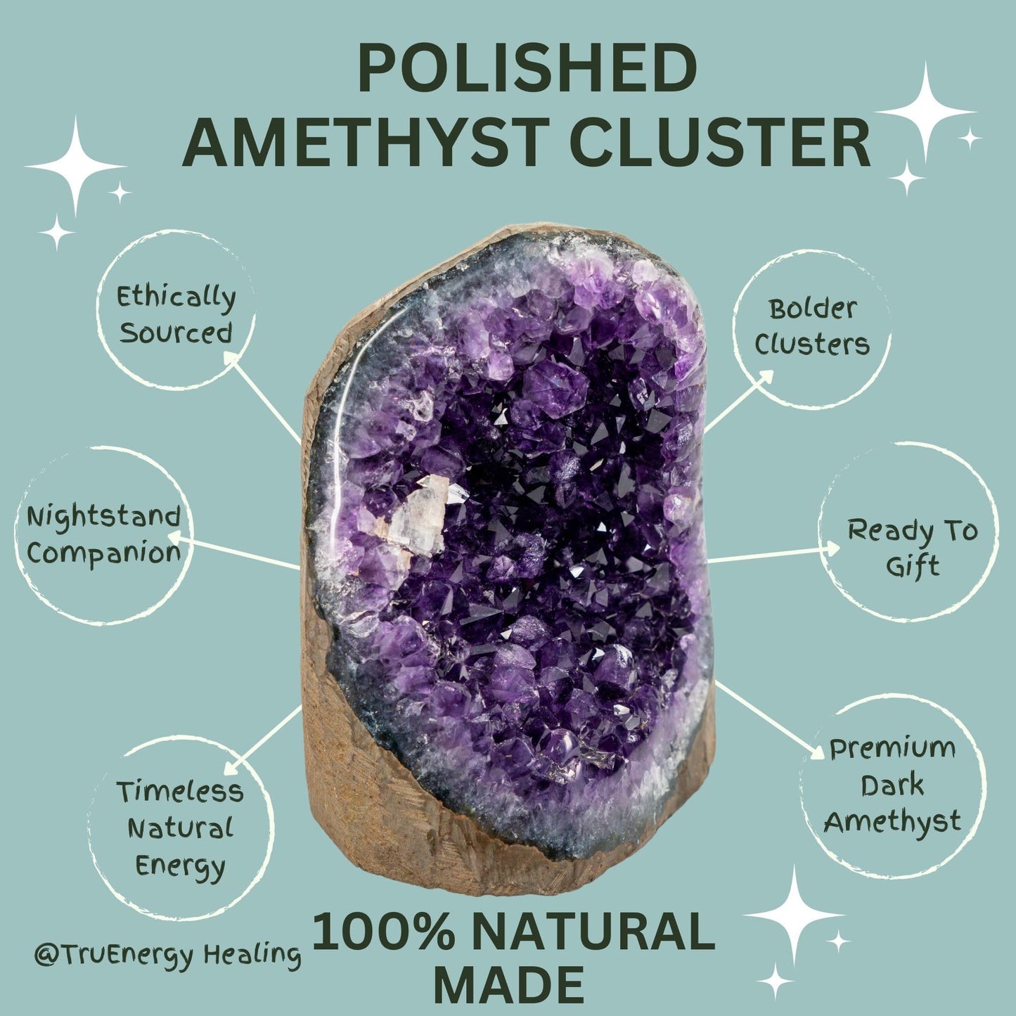 TRUENERGY Polished Amethyst Cluster Quartz Crystal β 1.5 To 2.0 lbs Grade A+ Raw Dark Purple Geode Stone With Rounded Edge β Home Decoration, Meditation Healing, and Positive Energy (1.5-2 lbs)