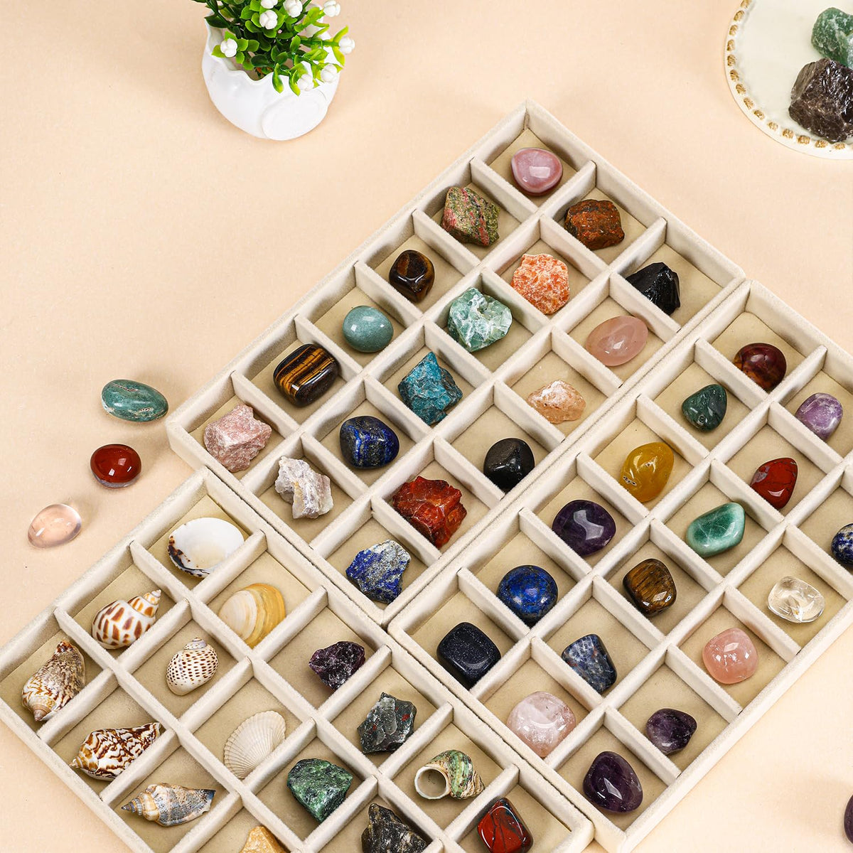 CLUQMEIK Acrylic Rock Collection Display Case with 54 Grids Storage Compartments Rock Collection Boxes Display Organizer Collection Storage Display Cases for Collectibles Crystal /Rock(Beige)