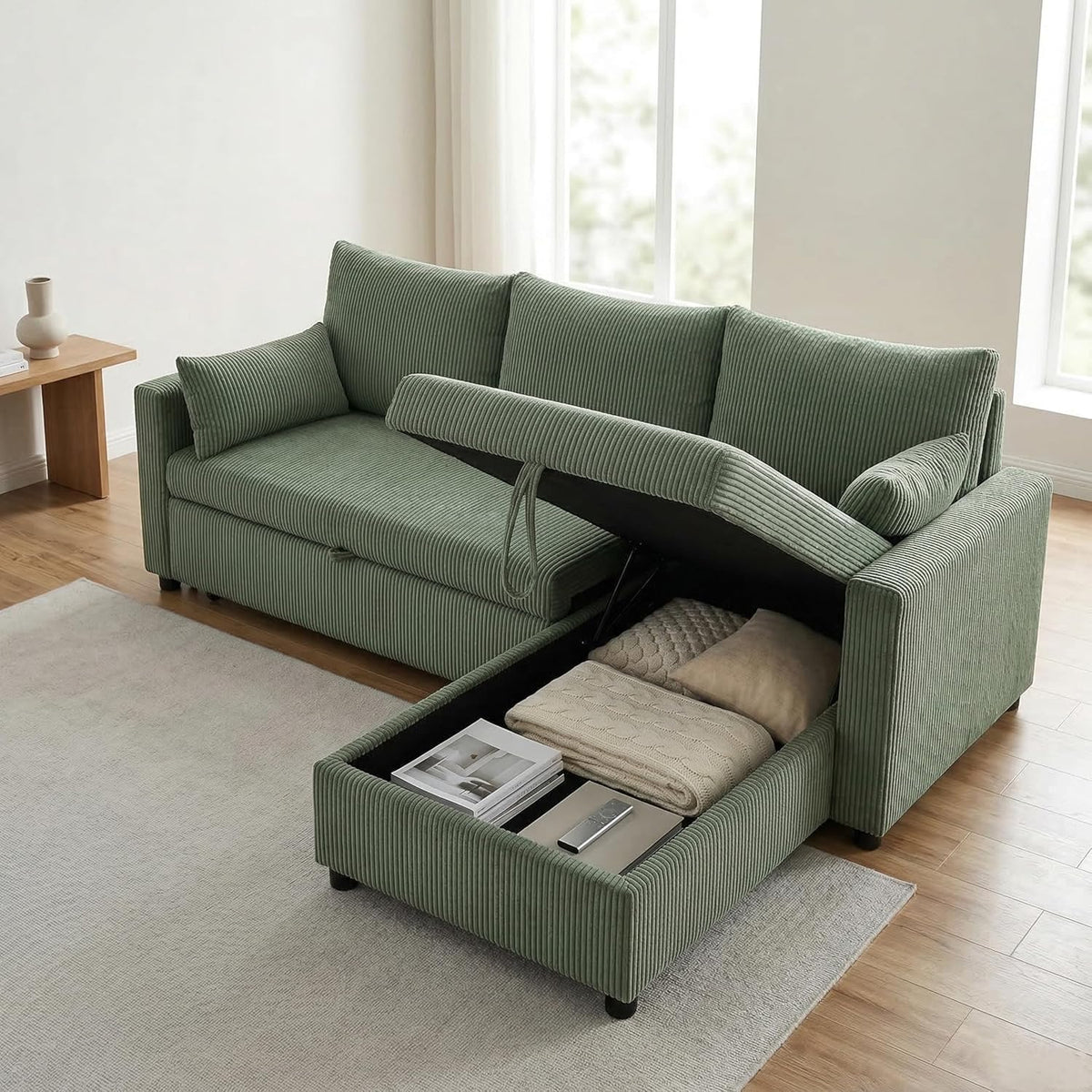 Trygoal Queen Sleeper Sofa, Convertible Sofa Bed with Storage, 85 Inch Sectional Couch with Pull Out Bed, L Shaped 3 Seat Sectional Sleeper Sofa for Living Room, Apartment, Green