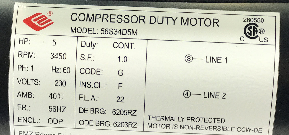 New 5HP Compressor Duty Electric Motor, 56HZ Frame, 3450 RPM, 7/8" Shaft Diameter, NEMA Rated Motor