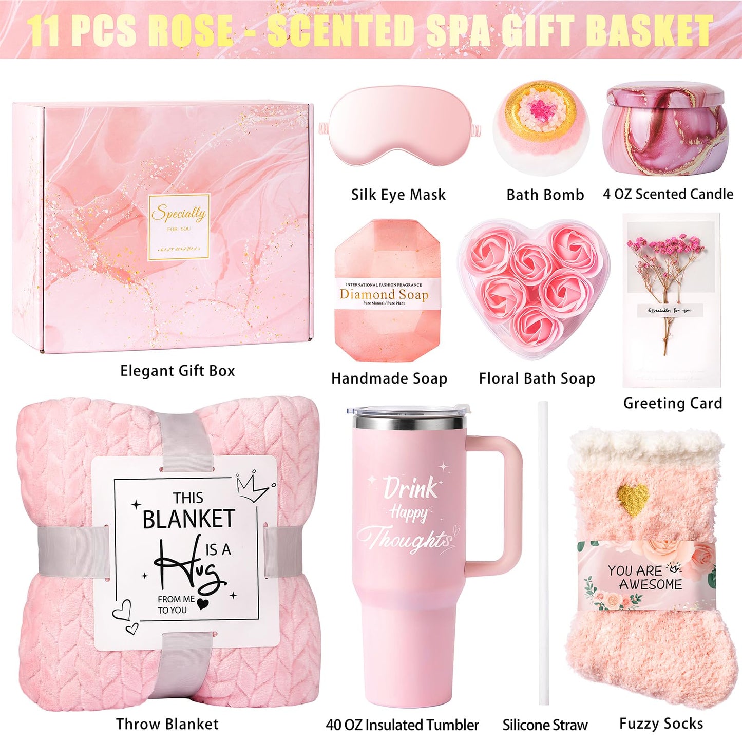 Birthday Gifts for Women Self Care Get Well Soon Gift Baskets, Relaxing Spa Gift Set for Christmas W/Flannel Blanket & 40 OZ Tumbler for Mom Wife Grandma Her Sister Girlfriend, Valentines Mother's Day