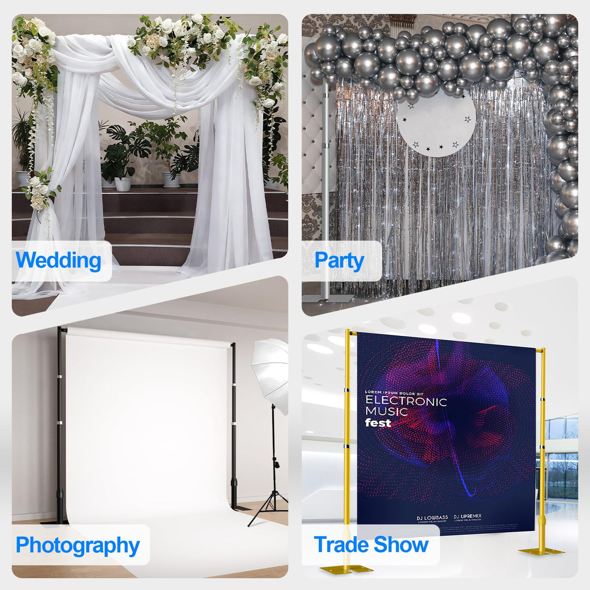 Pipe and Drape Backdrop Stand Kit, 10ftx10ft Heavy Duty Backdrop Stand, Adjustable Background Stand with Metal Base for Photography, Wedding, Parties, Events Decoration