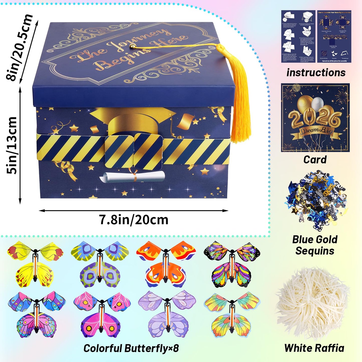 Prewplam 2026 Flying Butterfly Surprise Box, Graduation Gift Boxes with 8 Pcs Flying Butterfly, Explosion Graduation Gift Box High School College Graduation Party Favors - Blue and Gold