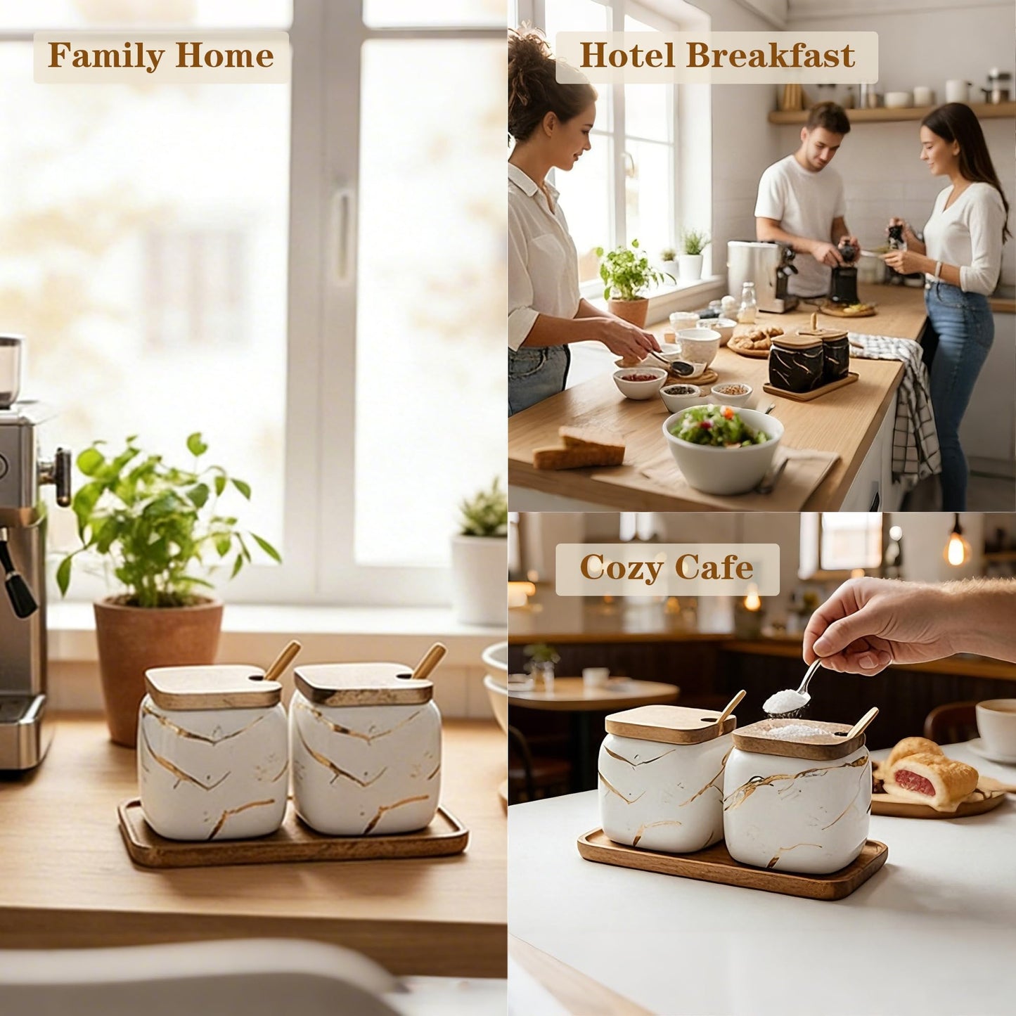 JFFLYIT 2 Sets of Marble Ceramic Sugar Bowl Ceramic Seasoning Jars with Wooden Lid and Wooden Spoon(White)
