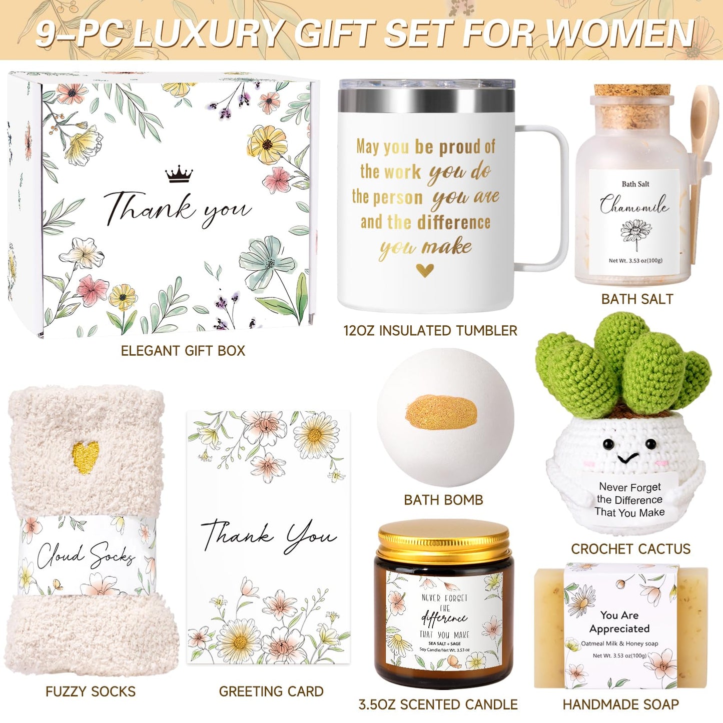 Administrative Professionals Day Gifts for Women, Employee Appreciation Gifts, 9PCS Thank You Gift Basket with Tumbler, Teacher Appreciation Gift for Coworkers, Friends, Boss, Nurse, Secretary