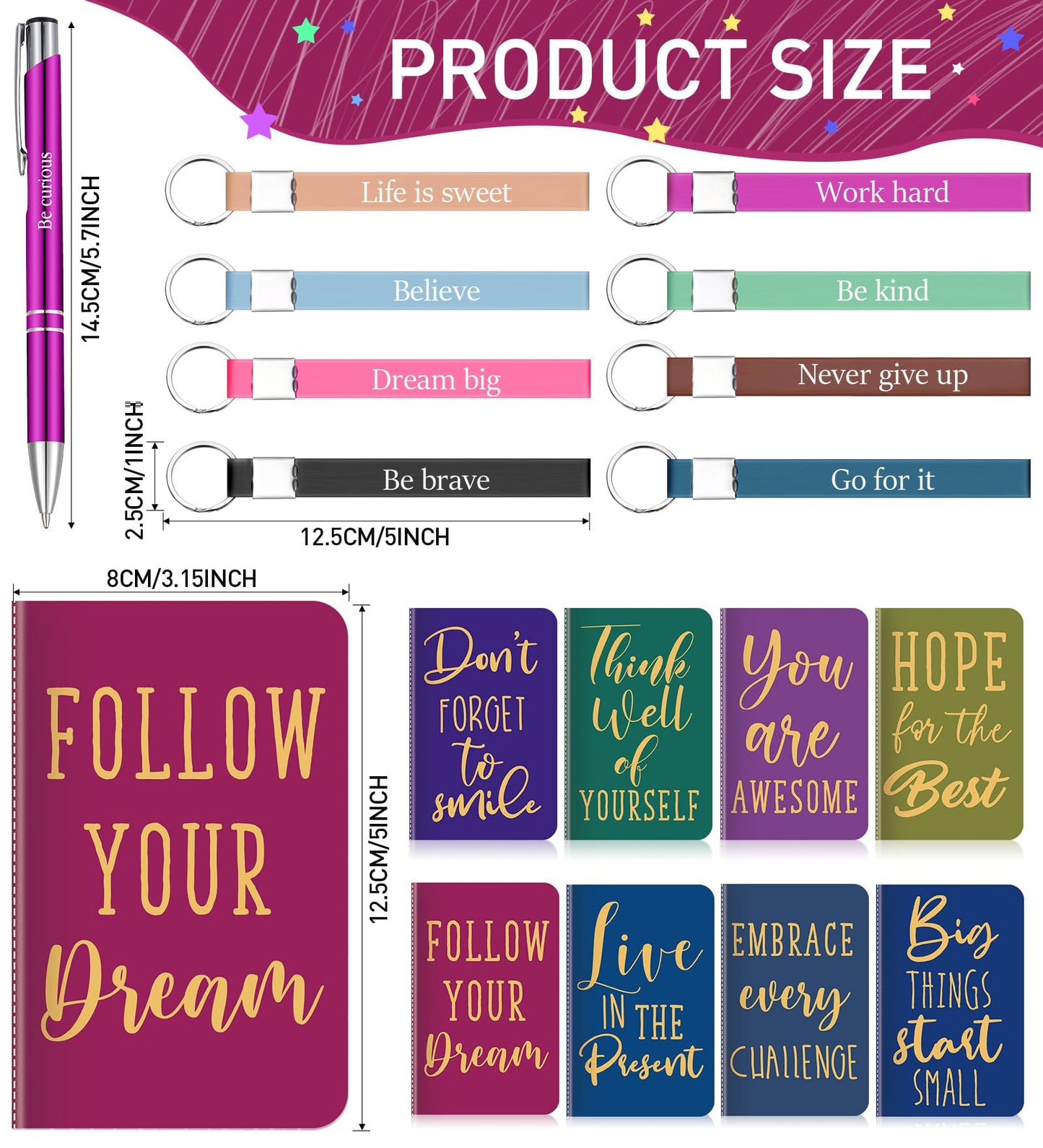 PerKoop 48 Pcs Inspirational Gifts Set Inspirational Quote Notepads 3 x 5 Inch Motivational Ballpoint Pens Keychains Bulk Colorful Journal Notebooks for School Office Party Favor Supplies