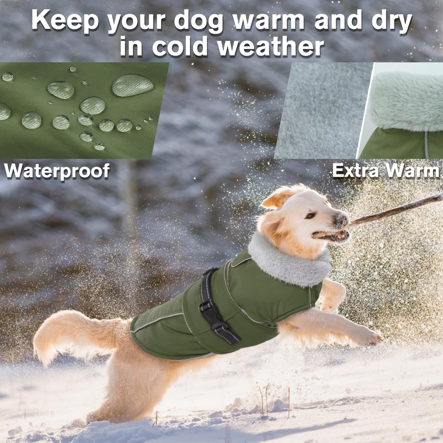 Lelepet Warm Coats and Jackets for Dogs, Waterproof Winter Dog Coat for Cold Weather, Reflective Dog Puffer Jacket, Fleece Lining Pet Coat with Harness Hole for Large Dogs, ArmyGreen XL