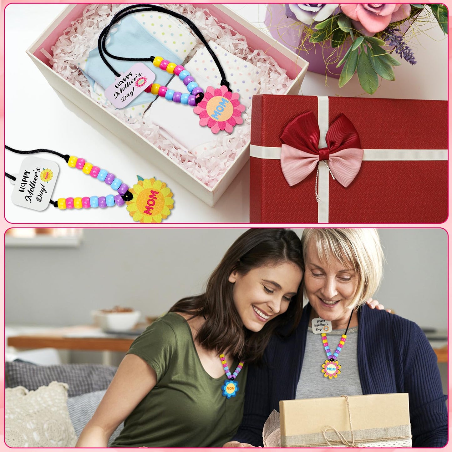 Ferreve 24 Sets Mother's Day Beads Necklace Crafts Kit Mother's Day Gifts DIY Mom Wooden Flowers Necklace Kits Bulk Make Your Own Mom Gifts for Family Classroom Making Party Favors