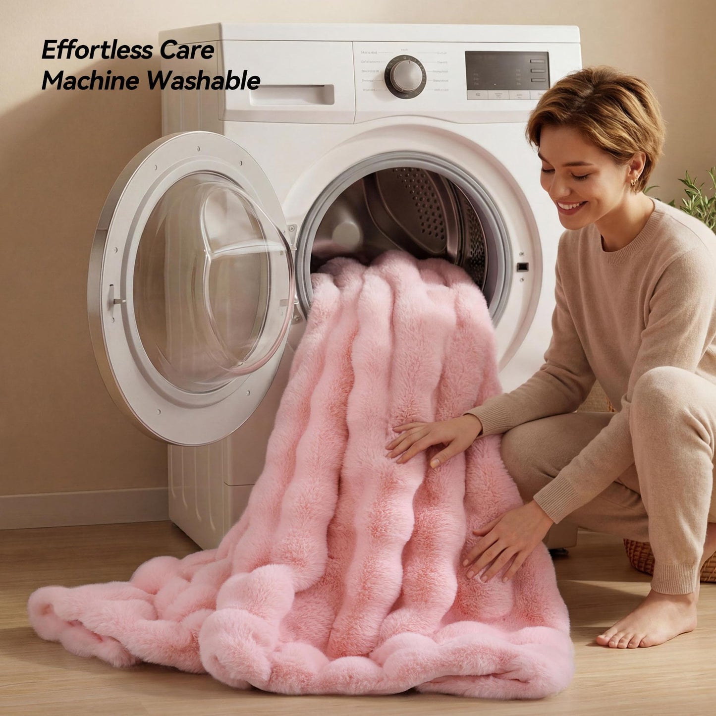 YIKUSH Faux Fur Throw Blanket for Couch, Blush Pink Fluffy Cozy Rabbit Bubble Fleece Blanket, Soft Fuzzy Blanket for Sofa & Bed, Warm Plush Thick Home Room Decor Throw 50" x 60"-1100GSM